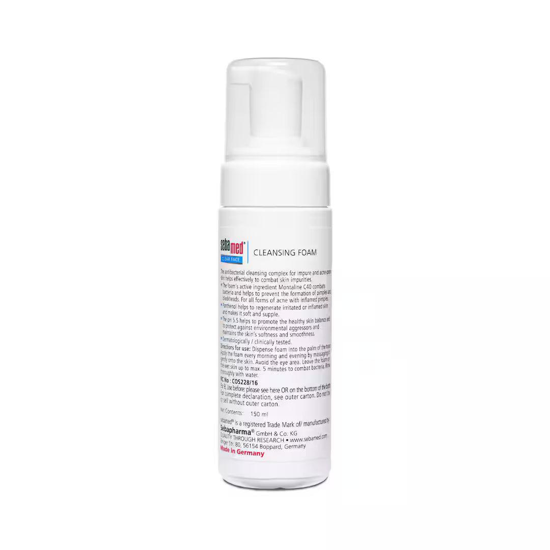 Sebamed Clear Face Cleansing Foam Wash for acne-prone and oily skin, white foam in a pump bottle, gentle skincare product
