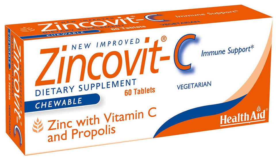 Zincovit C chewable vitamin C and zinc lozenges with propolis in a vegetarian 60-count package, featuring a colorful tablet display.
