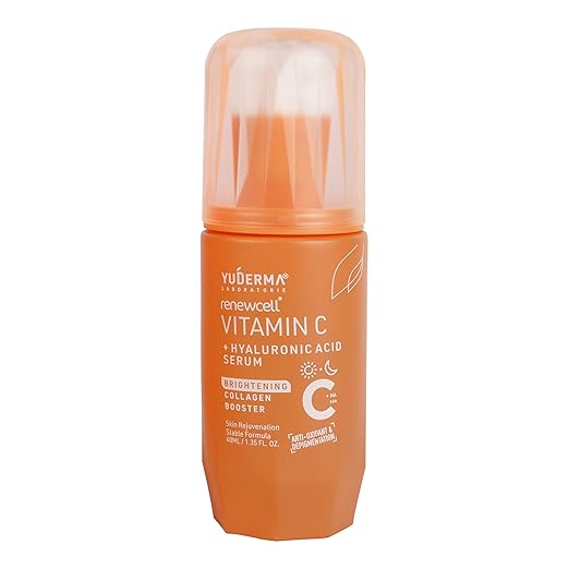 Lyra Laboratories Yuderma Renewcell Vitamin C Serum in a clear glass bottle with a dropper for skincare application.
