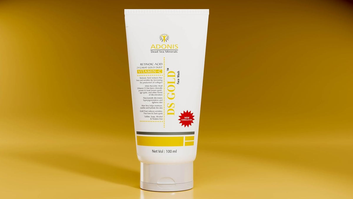 Details Cimera Care Adonis DS Gold Face Wash in a clear pump bottle with gold accents, designed for deep cleansing and skin renewal.