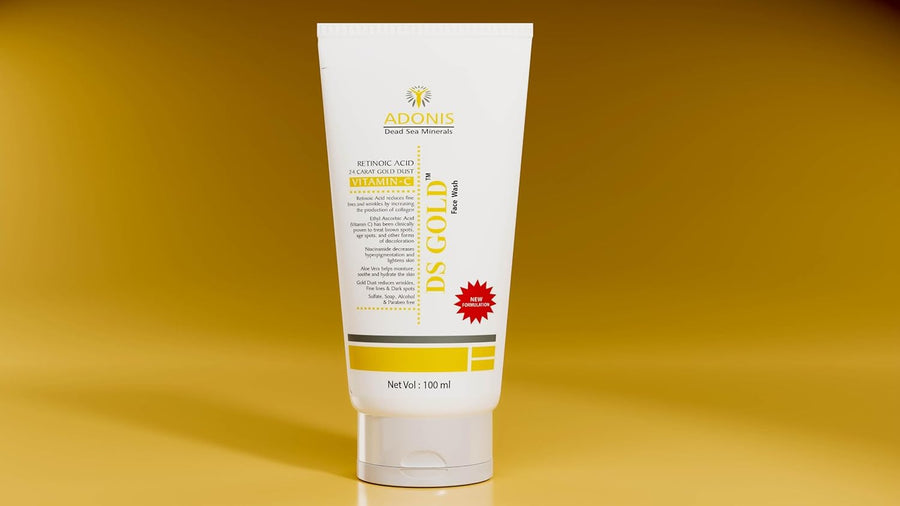 Details Cimera Care Adonis DS Gold Face Wash in a clear pump bottle with gold accents, designed for deep cleansing and skin renewal.