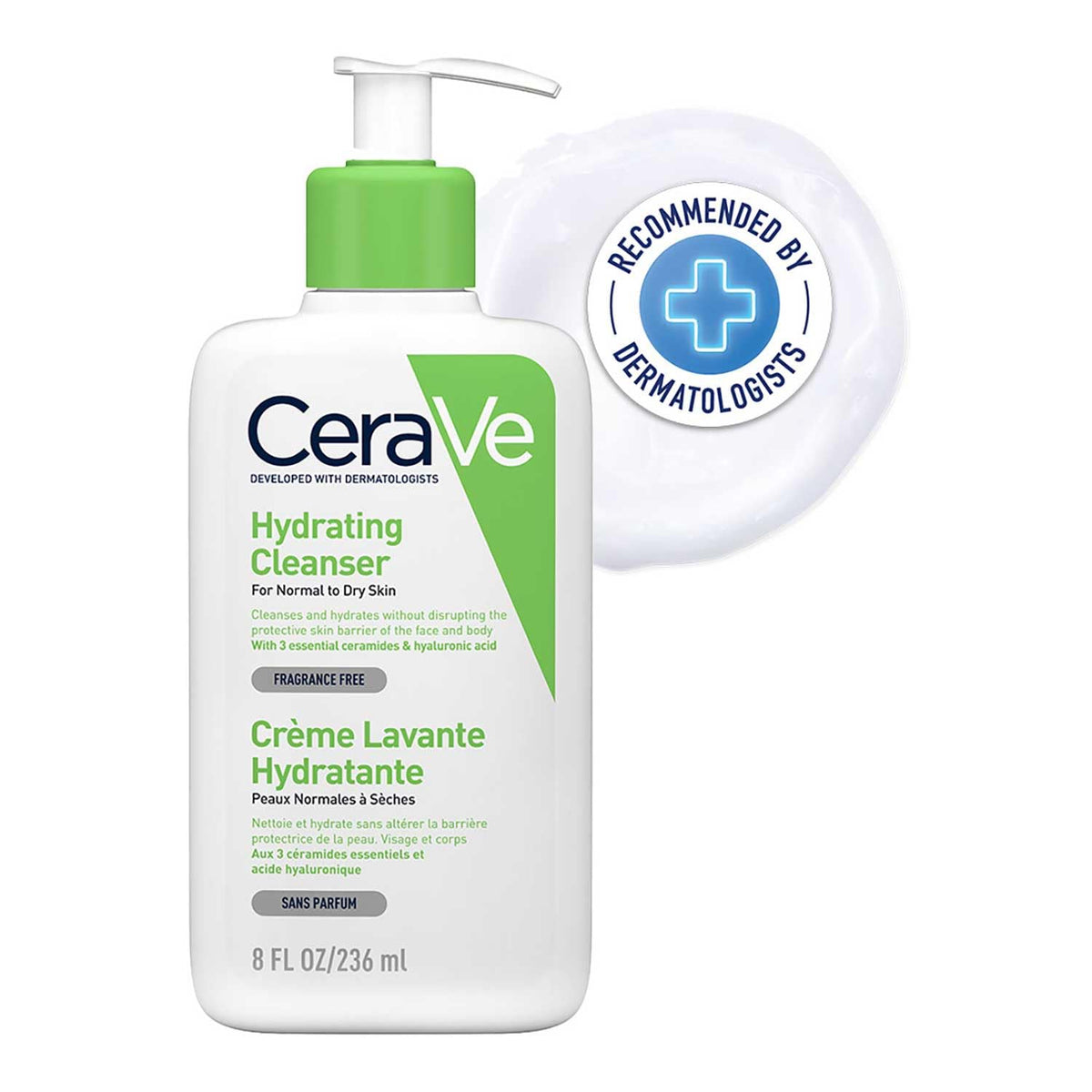 CeraVe Hydrating Cleanser in a white pump bottle, gentle formula suited for dry skin, displayed with clean, minimal background.