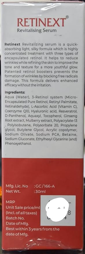 Skinmedis Retinext Revitalizing Serum bottle with dropper, showcasing sleek packaging and serum inside.