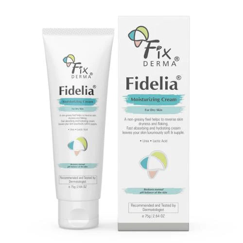 Fixderma Fidelia Moisturizing Cream in 75g jar, featuring a smooth, creamy texture for hydrating and nourishing the skin.