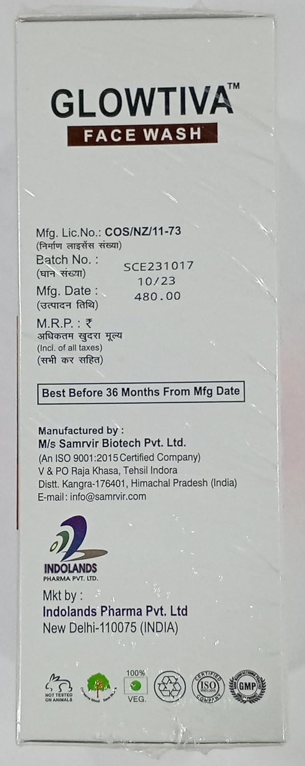Glowtiva Face Wash by M/s Samvir Biotech Pvt. Ltd. in a clear bottle with a white cap, showing the product label and liquid inside.