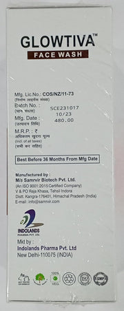 Glowtiva Face Wash by M/s Samvir Biotech Pvt. Ltd. in a clear bottle with a white cap, showing the product label and liquid inside.