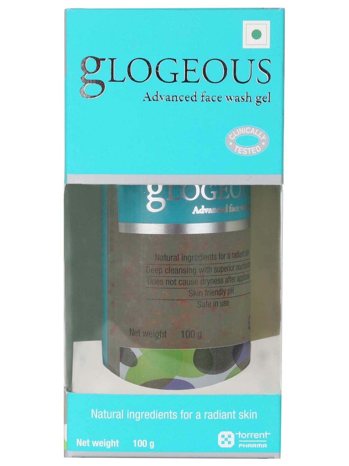 Glogeous Advanced Face Wash Gel by Torrent Pharmaceuticals Ltd. in a clear bottle with a white pump dispenser.