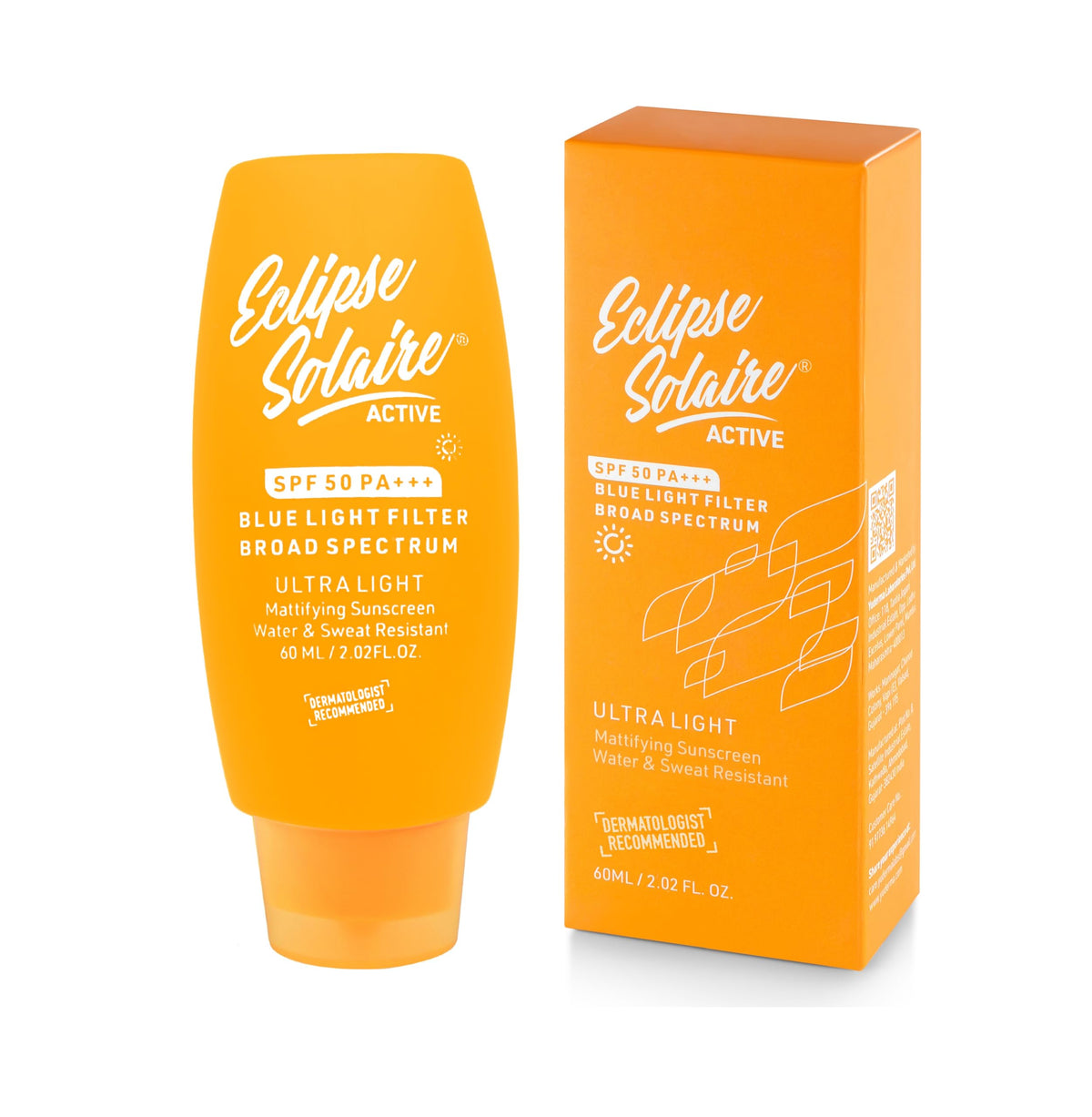Yuderma Eclipse Solaire Active Sunscreen SPF 50 PA+++ in a white tube with blue accents, designed for sun protection.