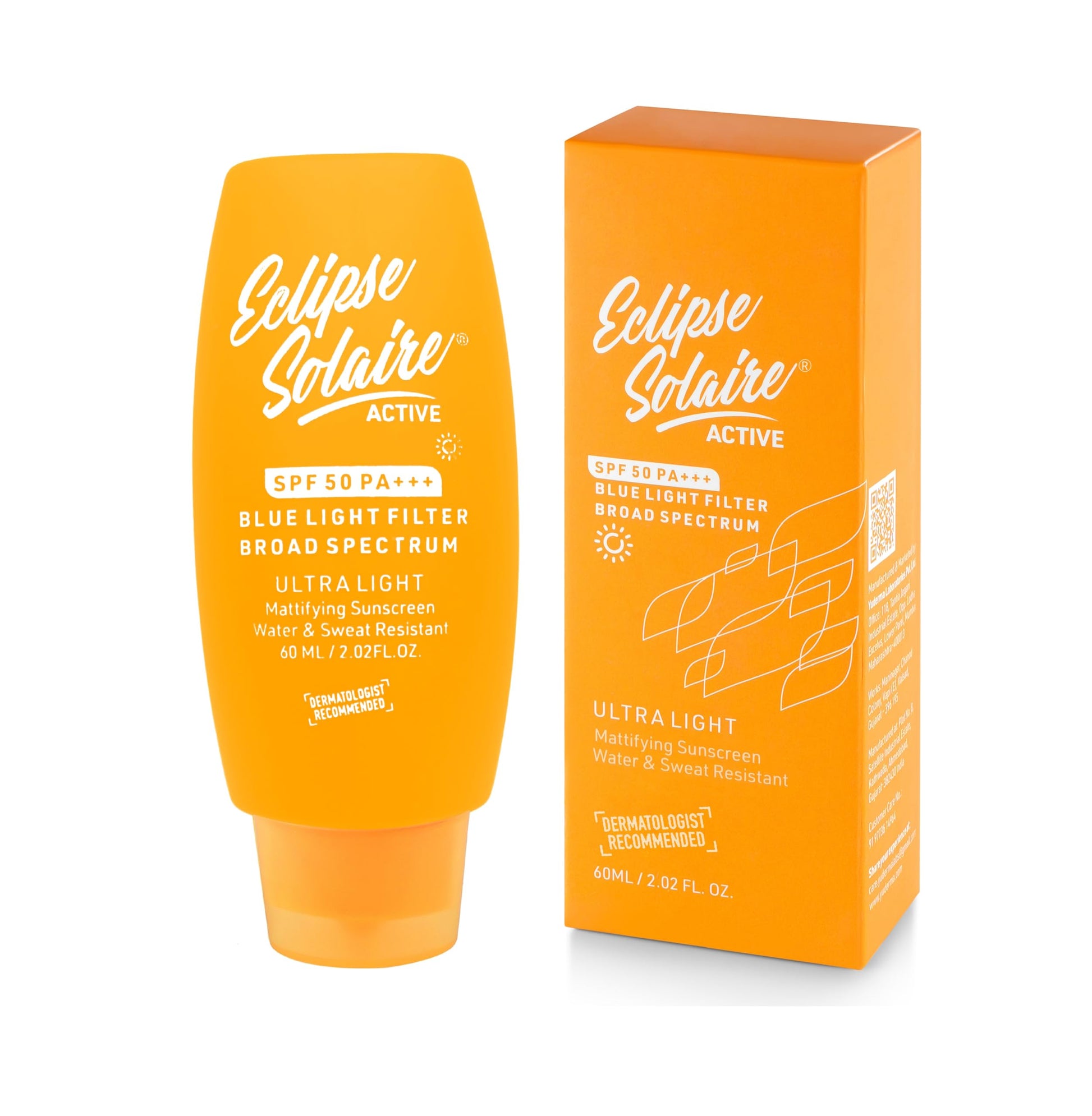 Yuderma Eclipse Solaire Active Sunscreen SPF 50 PA+++ in a white tube with blue accents, designed for sun protection.