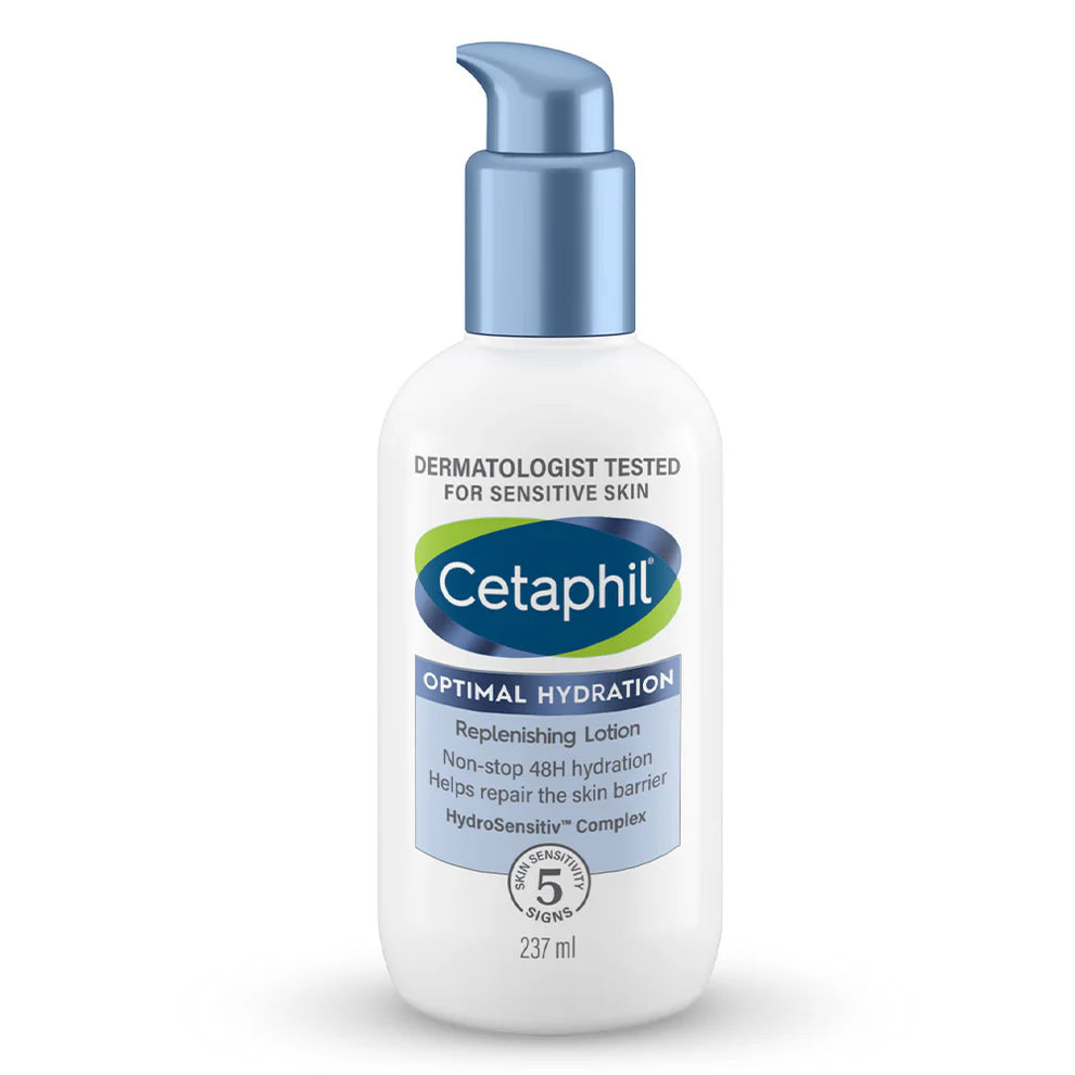 Cetaphil Optimal Hydration Replenishing Body Lotion bottle from Encube Ethicals Pvt. Ltd., with a white pump dispenser and clean label.