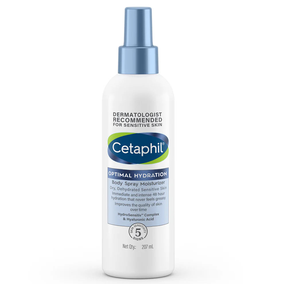 Cetaphil Optimal Hydration Body Spray Moisturizer in a spray bottle, designed for deep skin hydration and smoothness.
