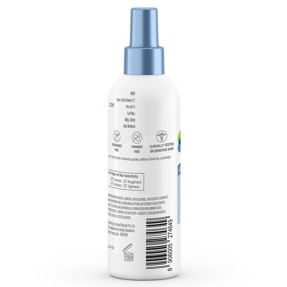 Encube Ethicals Cetaphil Optimal Hydration Body Spray Moisturizer bottle with spray nozzle and blue label.