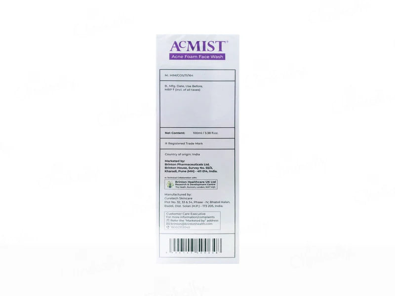 Curetech Skincare Brinton Acmist Acne Foam Face Wash in 100ml bottle, gentle foaming cleanser for acne-prone skin.
