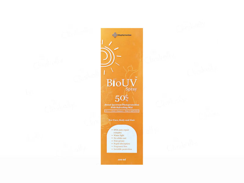 WeDerm Bio UV 50 SPF spray bottle, 100ml, with a pump spray nozzle, showing the product label and packaging design.
