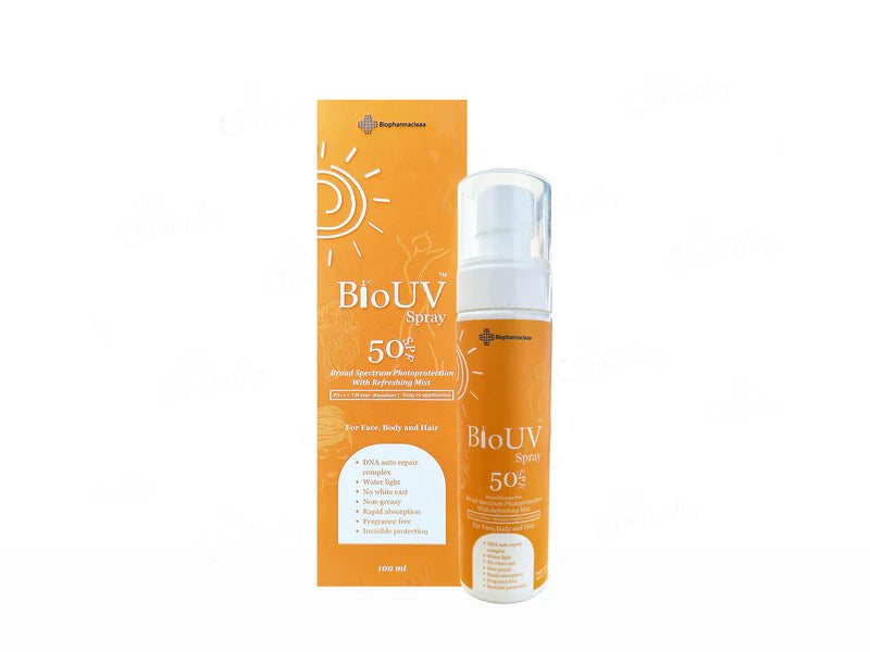 WeDerm Bio UV 50 SPF spray in a 100ml bottle, showing the white aerosol container with blue and green labeling.