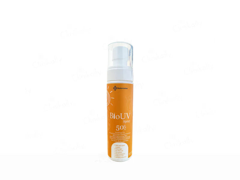WeDerm Bio UV 50 SPF spray bottle, 100ml, with a white and blue label, showing the product ready for outdoor sun protection.
