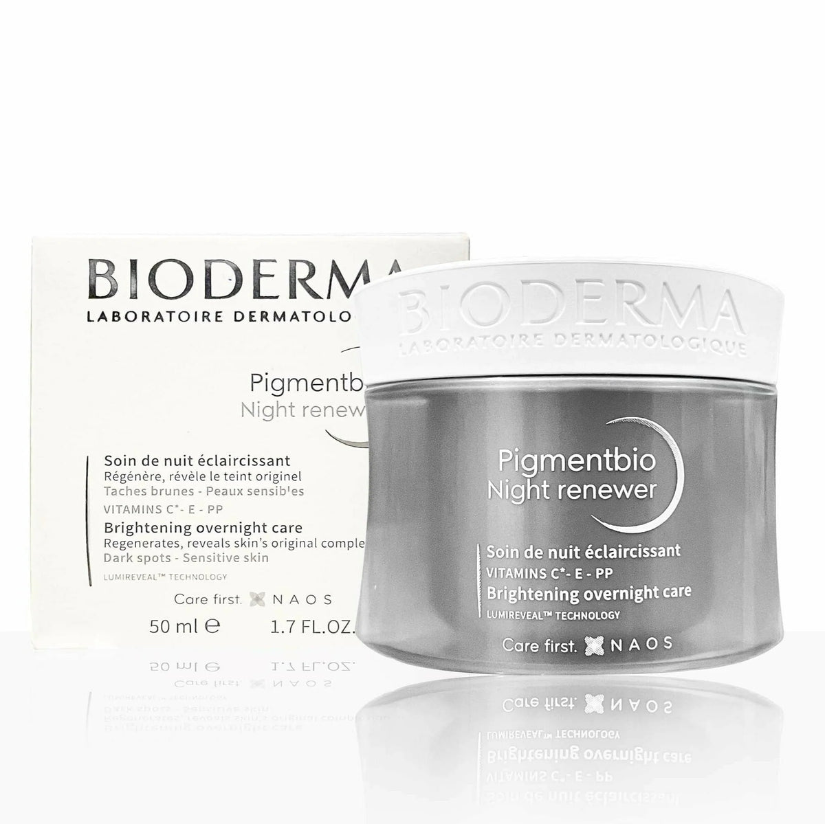 Bioderma Pigmentbio Night Renewer cream jar with label, skincare product for evening skin renewal by Allodermis.