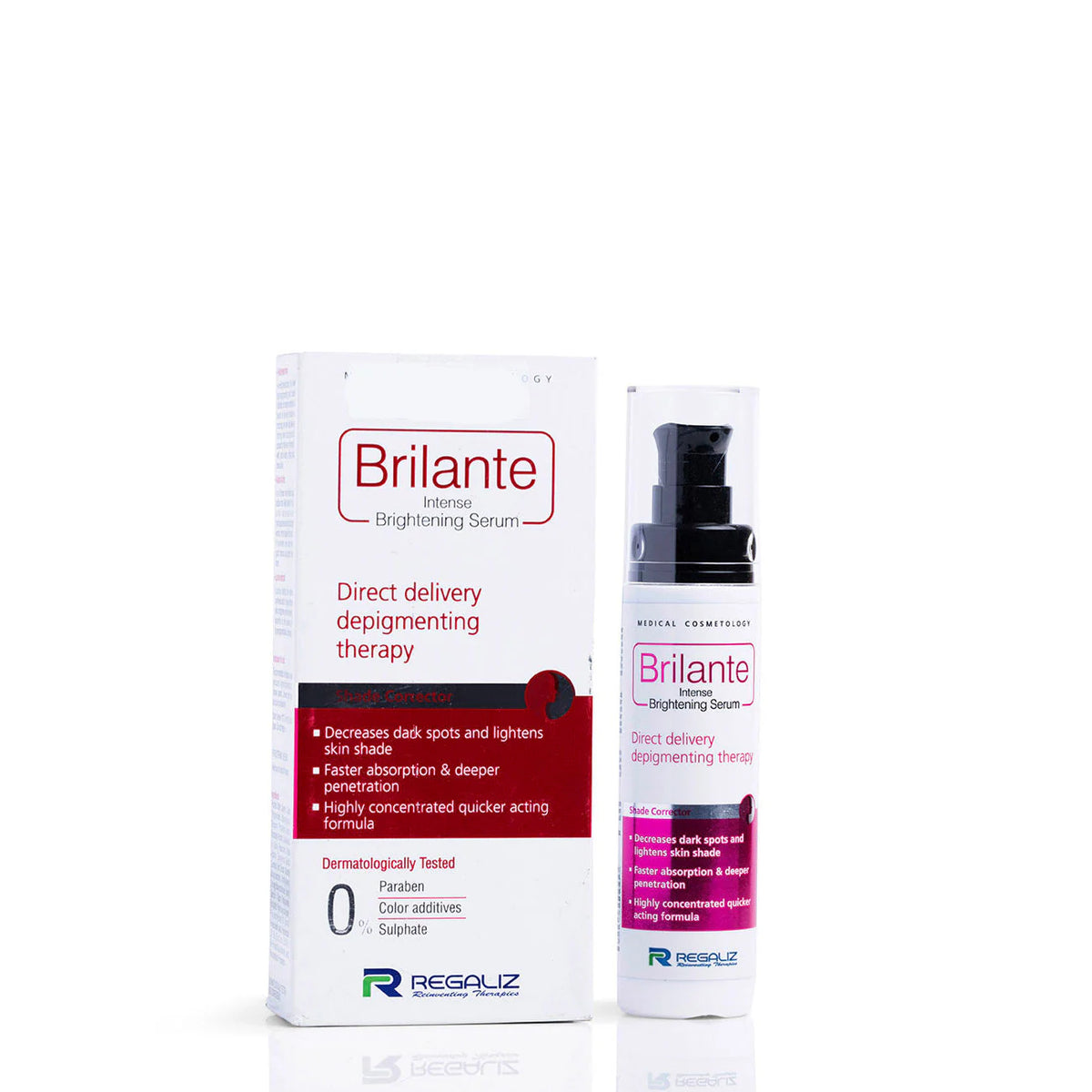 Allodermis Brilante Intense Brightening Serum bottle with dropper, showcasing the skincare product for radiant skin.