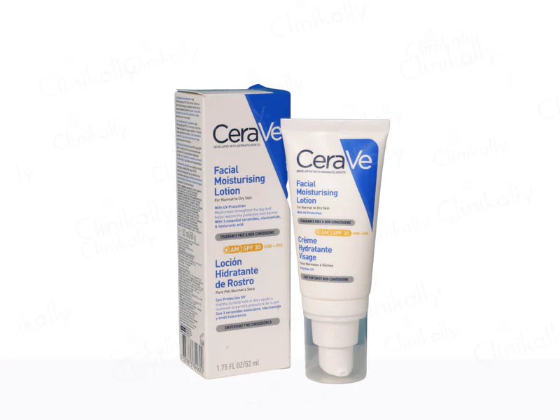 CeraVe Facial Moisturizing AM Lotion SPF 30 in a 52ml bottle, featuring a white pump dispenser and a clean, minimalist label