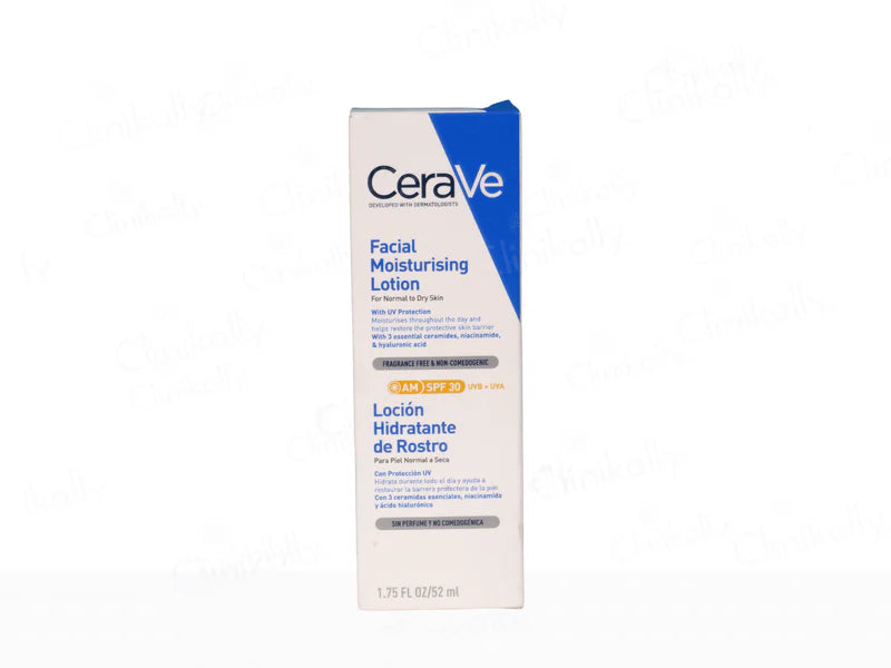 CeraVe Facial Moisturizing AM Lotion with SPF 30 in a 52ml pump bottle, featuring a white and blue design with a pump dispenser.