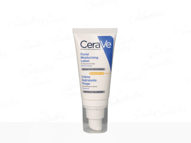 CeraVe Facial Moisturizing AM Lotion with SPF 30 in a 52ml pump bottle, featuring a lightweight, hydrating formula for daily sun protection.