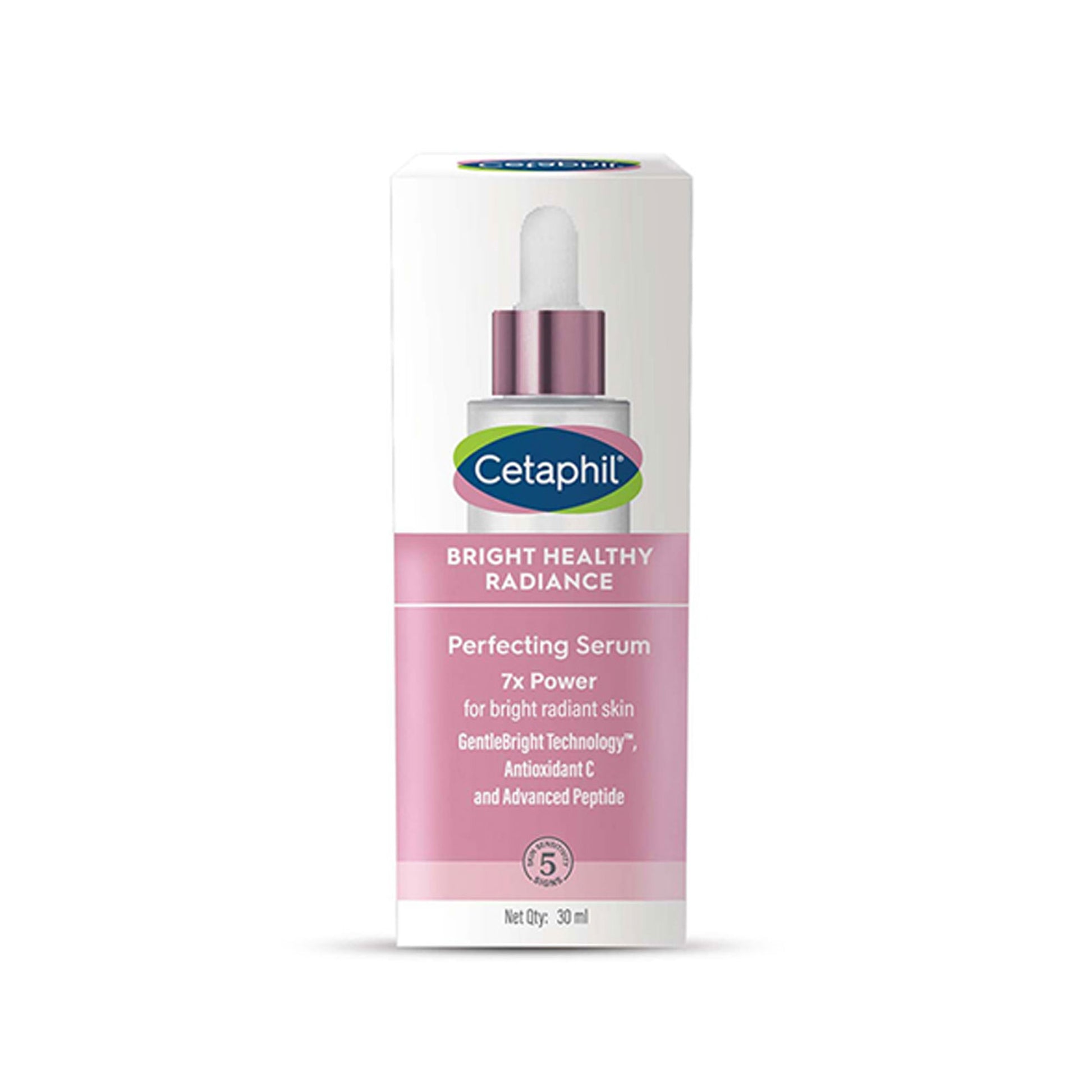 Cetaphil Bright Healthy Radiance Perfecting Serum bottle with a sleek design, 30ml size, for skincare and brightening.