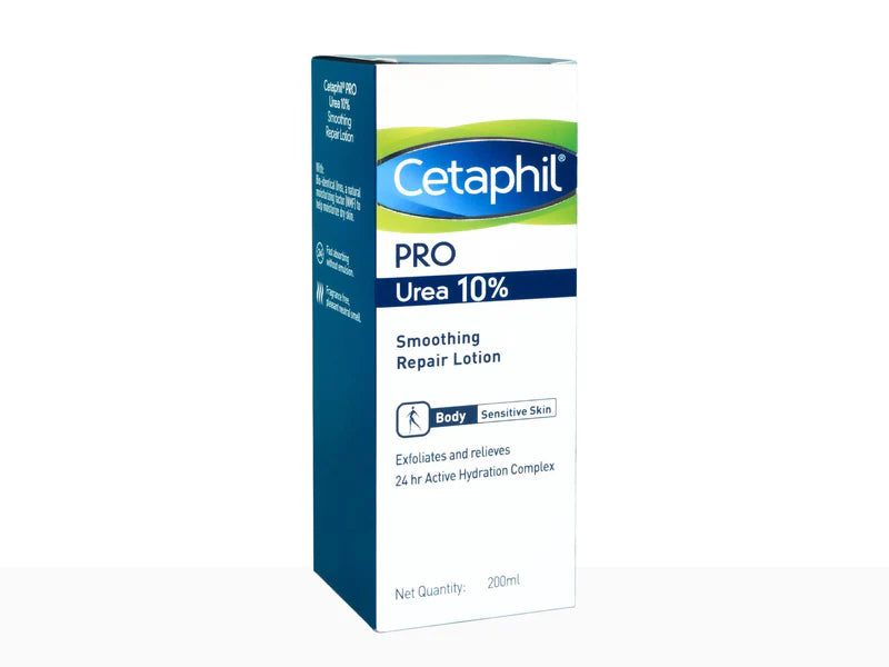 Bottle of Cetaphil Pro Urea 10% Smoothing Repair Lotion with pump dispenser, designed for dry, rough skin relief.