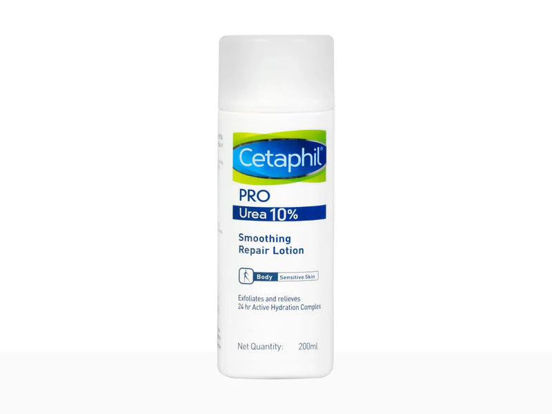 Bottle of Cetaphil Pro Urea 10% Smoothing Repair Lotion from Encube Ethicals Pvt. Ltd. with the label visible on a white background.