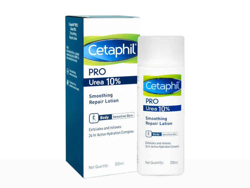 Bottle of Cetaphil Pro Urea 10% Smoothing Repair Lotion with pump dispenser, designed for skin hydration and repair.