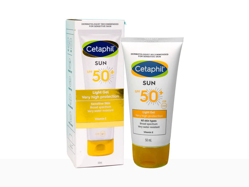 Cream tube of Cetaphil Sun Light Gel with SPF 50, a broad-spectrum sunscreen by Encube Ethicals Pvt. Ltd.