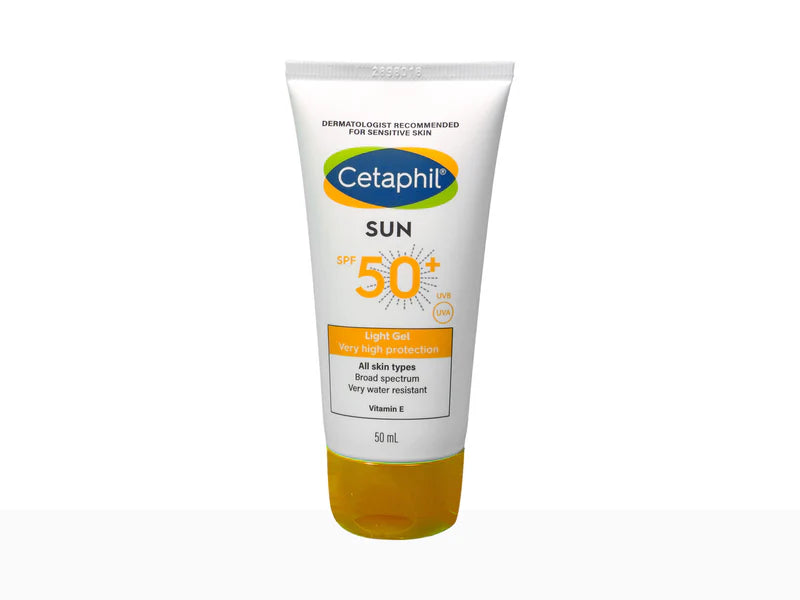 Cetaphil Sun Light Gel with SPF 50 by Encube Ethicals Pvt. Ltd., showing a tube of facial sunscreen with SPF 50.