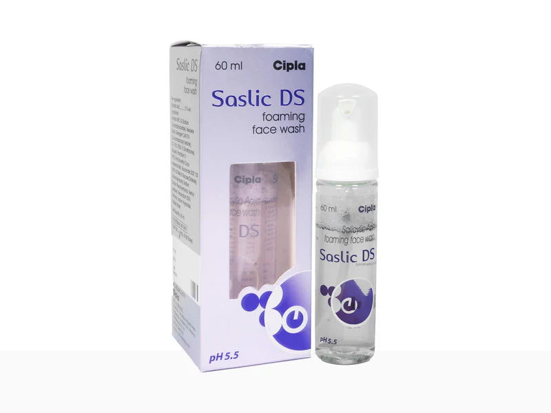 Saslic DS Foaming Face Wash by Pontika Aerotech Limited, shown in a sleek white pump bottle with foam texture for cleansing.