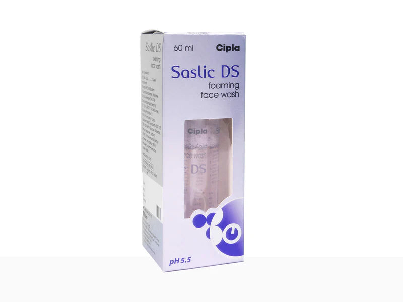 Saslic DS foaming face wash in a pump bottle, gentle cleanser for skin, by Pontika Aerotech Limited, with foaming texture visible.