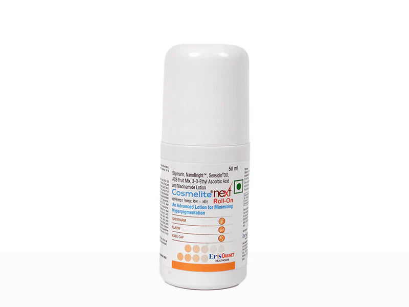 Sami-Sabinsa Cosmelite Next Roll-On bottle with applicator tip for skin brightening and pigmentation reduction.