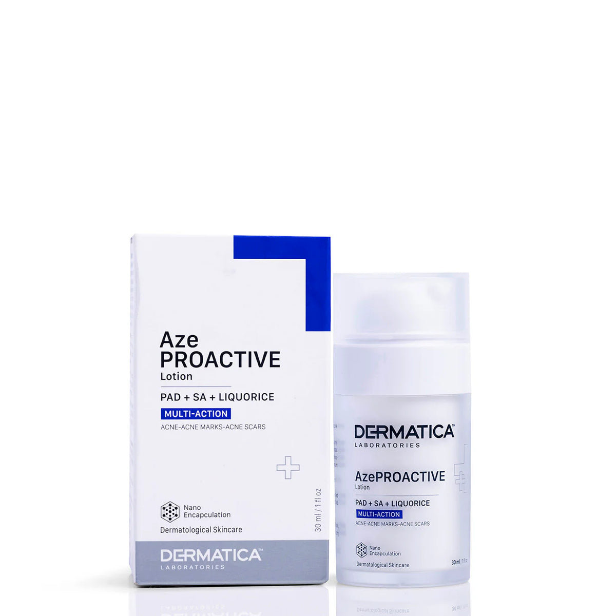 Allodermis Dermatica Aze Proactive Serum bottle with applicator tip, skincare product for acne-prone skin in a sleek white container.