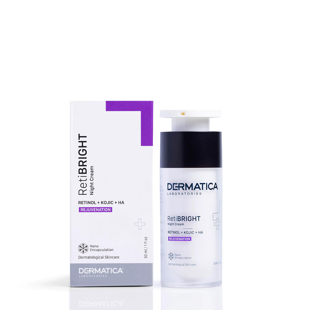 Allodermis Dermatica RetiBright Night Cream jar with white and gold packaging, showcasing the skincare product against a neutral background.
