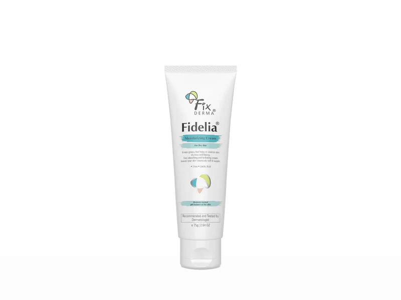 Fixderma Fidelia Moisturizing Cream in 75g jar, smooth cream texture for nourishing and hydrating skin care.