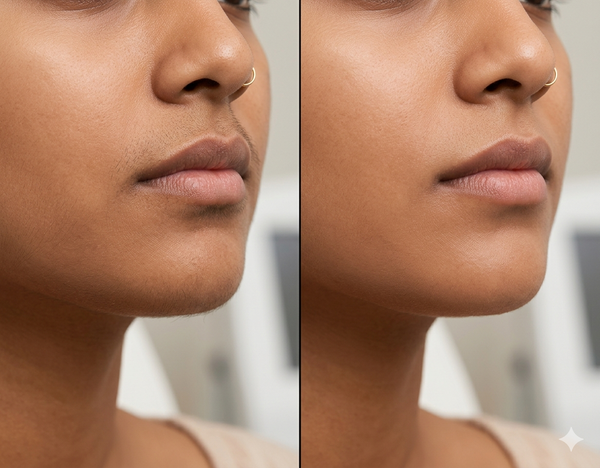 Laser hair reduction before and after results — Allodermis client transformation, Long-Term Results