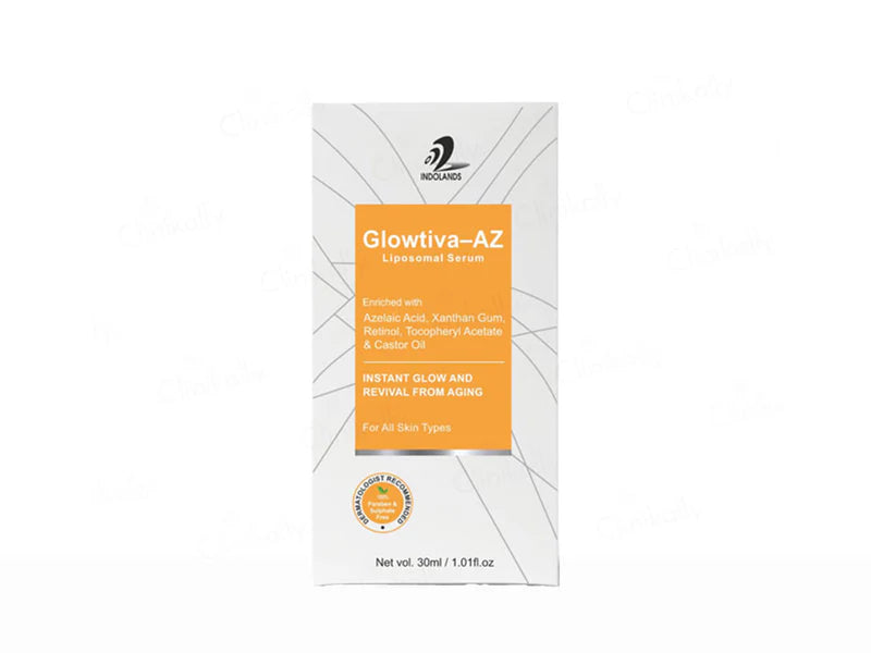 Glowtiva-AZ liposomal serum in a glass bottle with dropper, featuring a sleek design for skincare application.