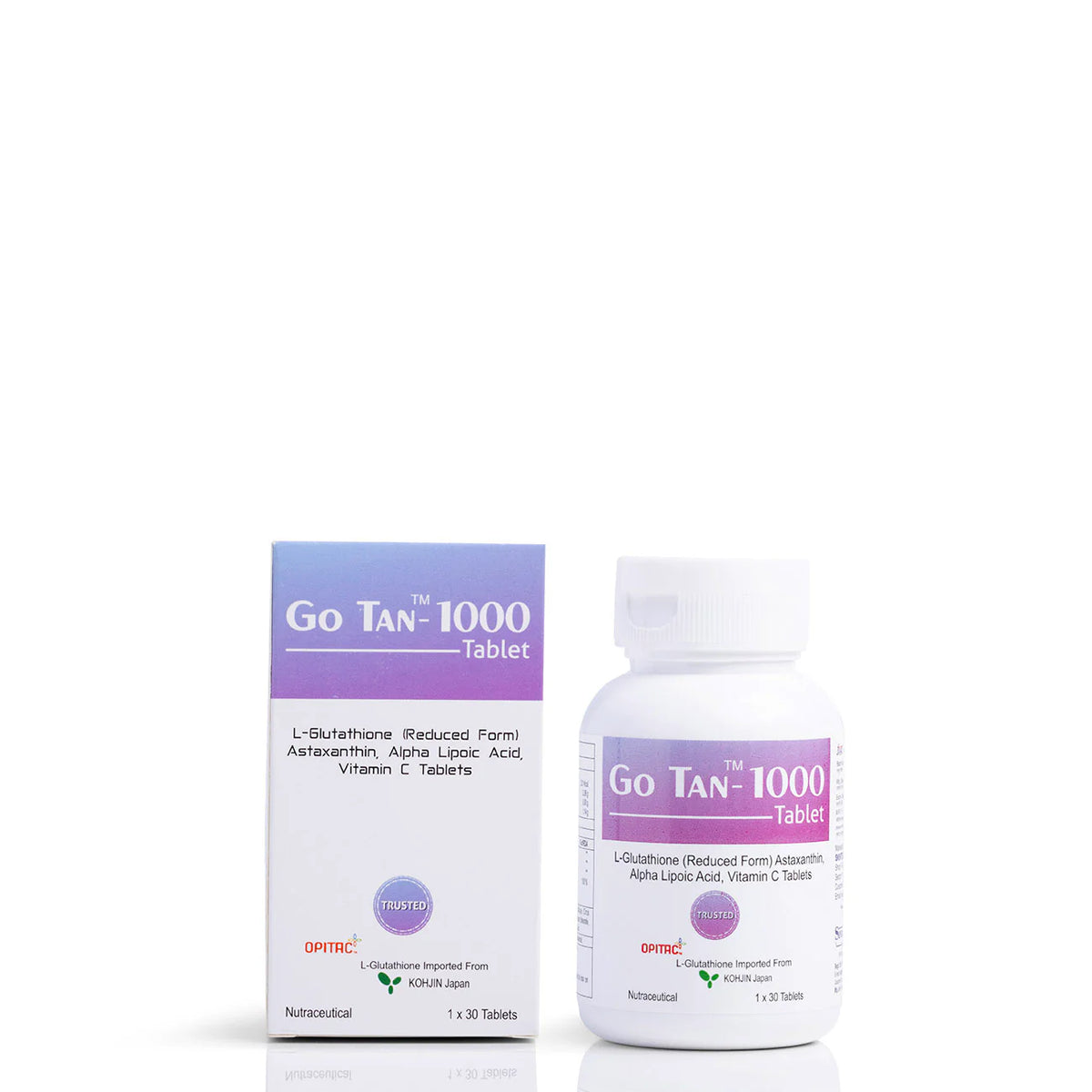 Allodermis Go Tan-1000 Glutathione nutraceutical bottle with white label and black cap, displayed on a white background.