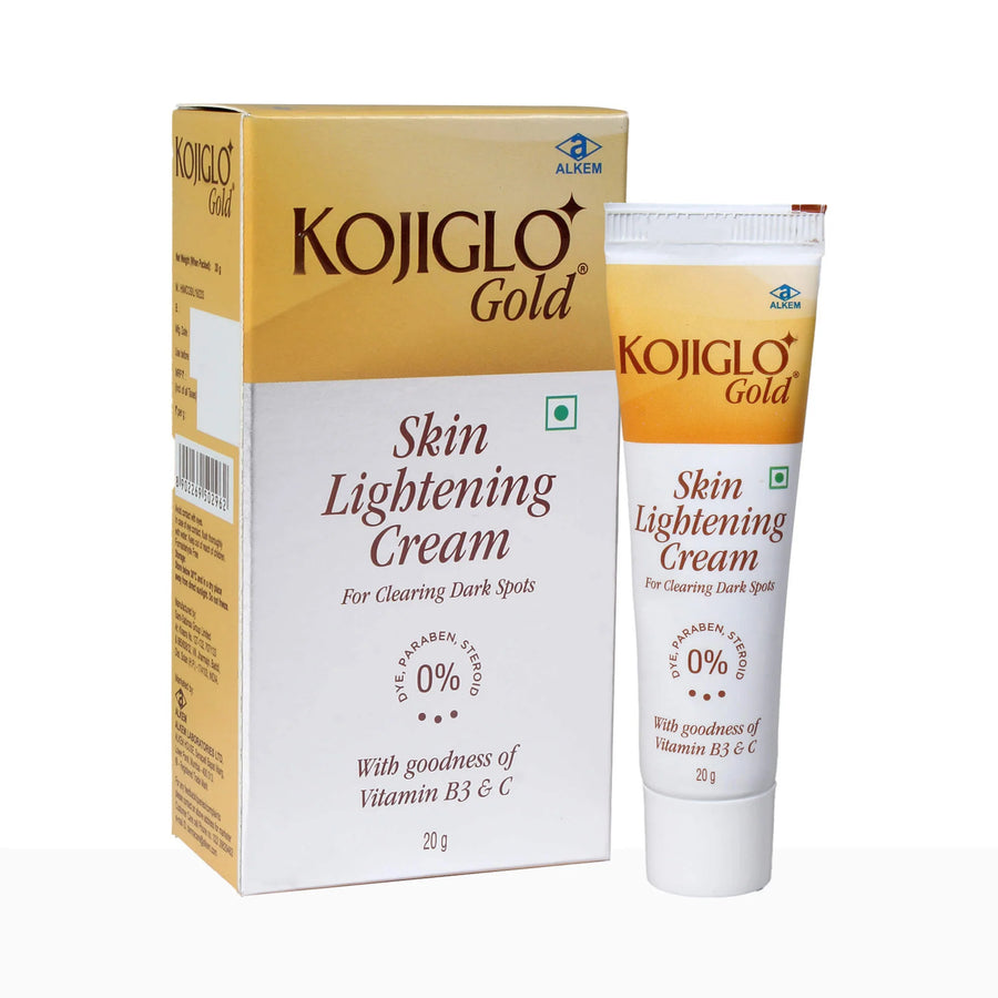 Allodermis Kojiglo Gold Cream jar with gold packaging, showcasing the lightening and skincare benefits of the product.