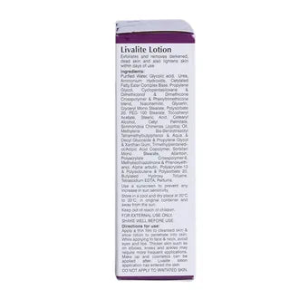 Livalite Lotion bottle with pump dispenser, clear container showing the skincare product from Cymbiotics Biopharma Pvt. Ltd.