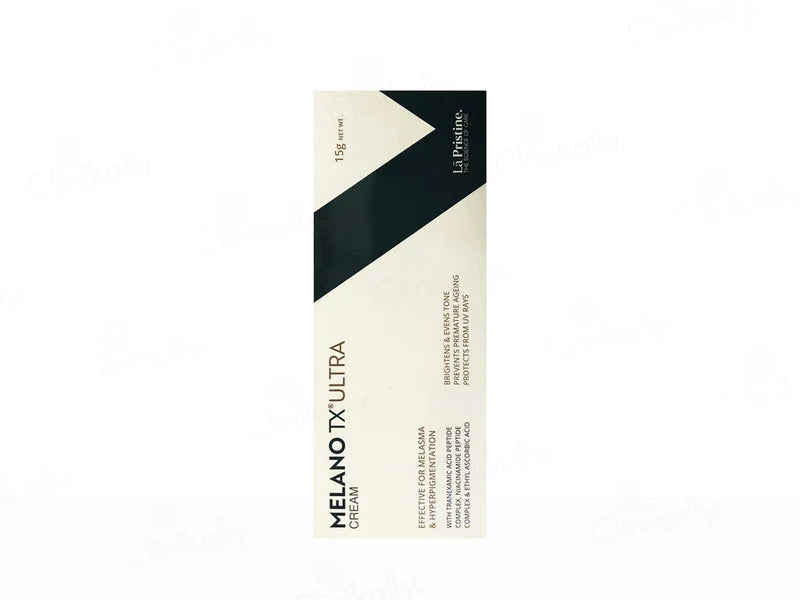 Jar of Melano-TX Ultra Cream by Pharma Synth Formulations Ltd. with a white and blue container, showcasing the skincare product.