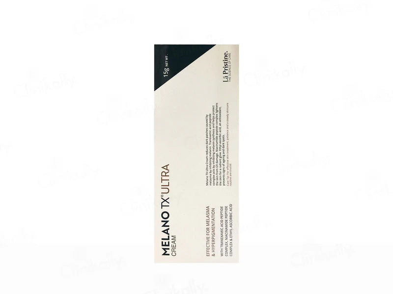 Melano-TX Ultra Cream by Pharma Synth Formulations Ltd. jar with white and blue packaging, showing the cream inside