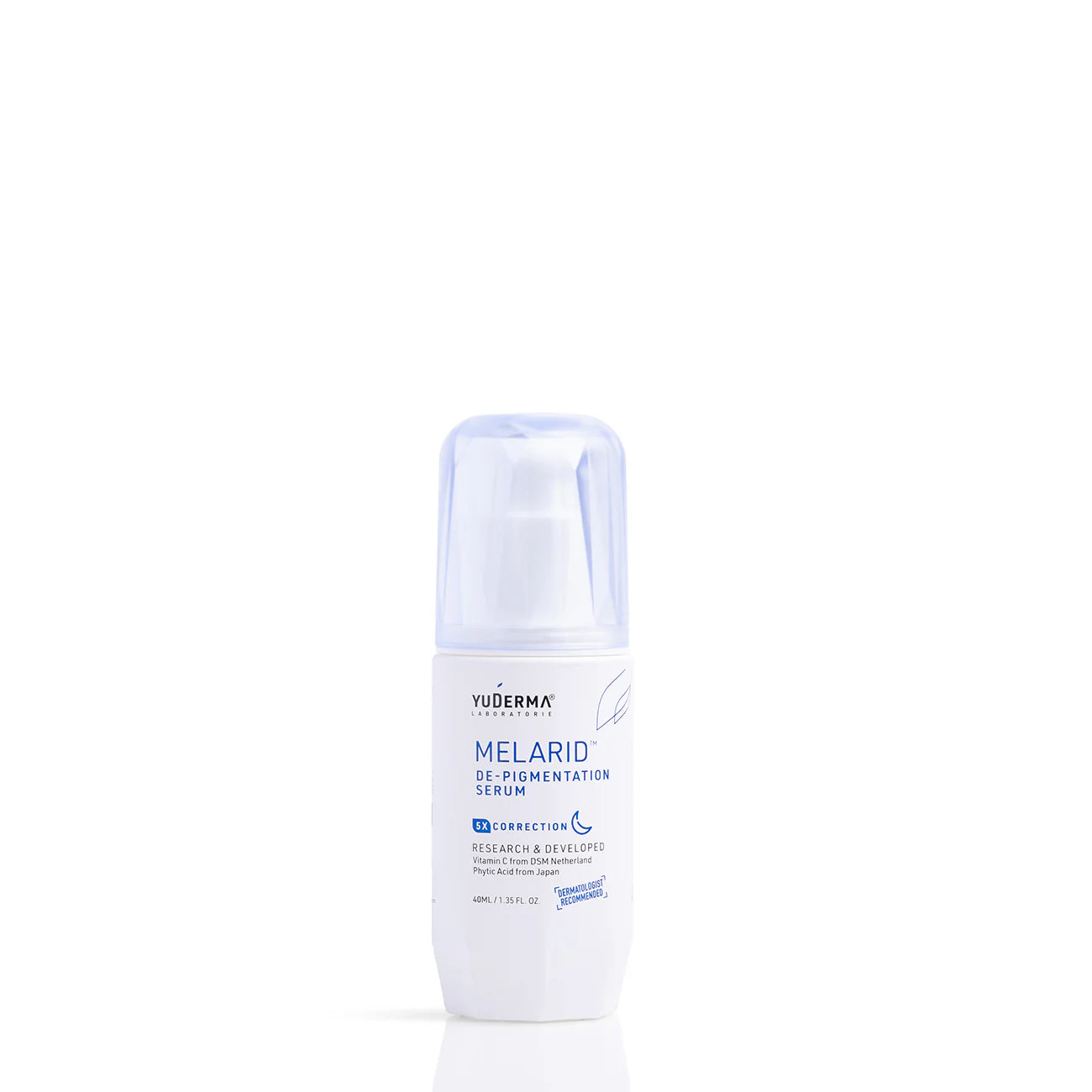 Allodermis Yuderma Melarid De-Pigmenting Serum bottle with dropper, designed to reduce dark spots and even skin tone.