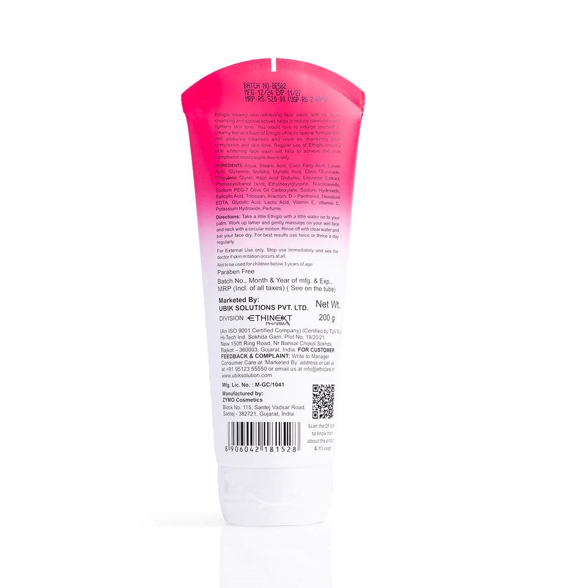 Zymo Cosmetics Ethiglo face wash for acne-prone and oily skin, showing a clear bottle with foam lather on a white background.