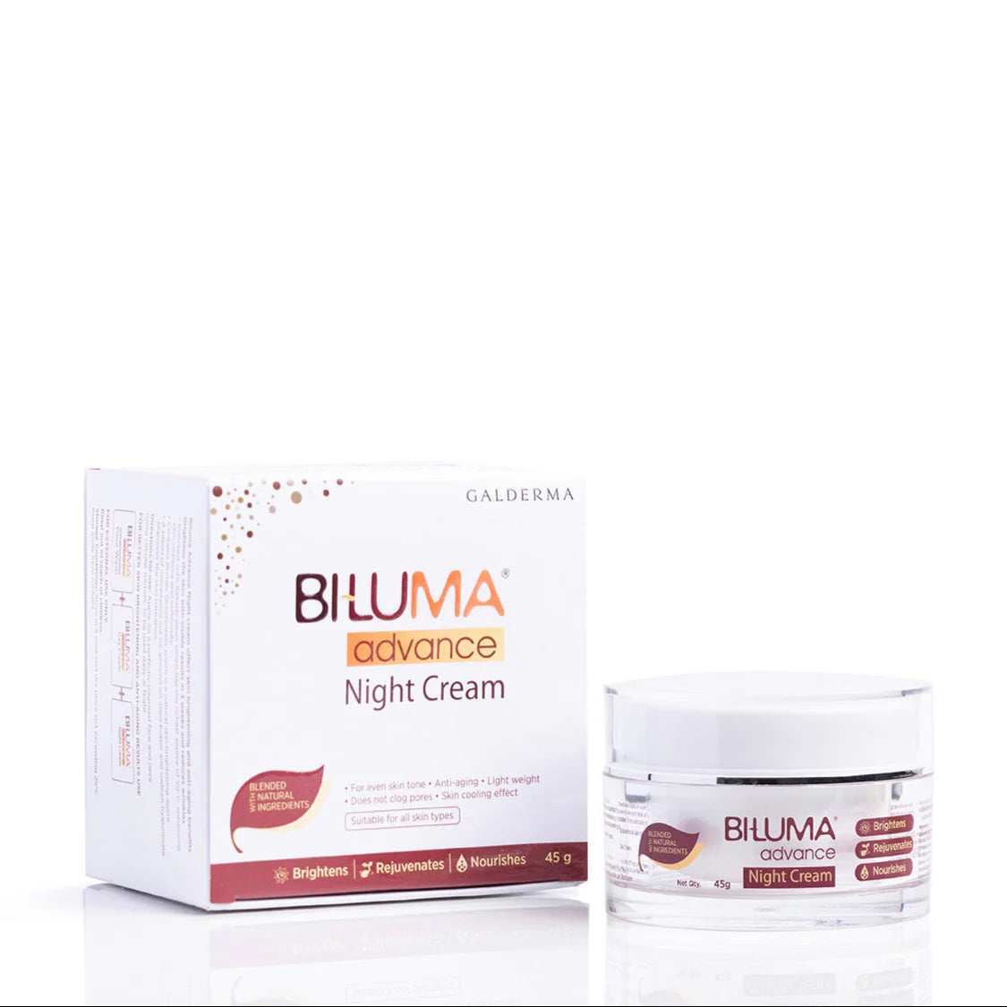 Encube Ethicals Biluma Advance Night Cream jar with white lid and sleek packaging, displayed on a neutral background.