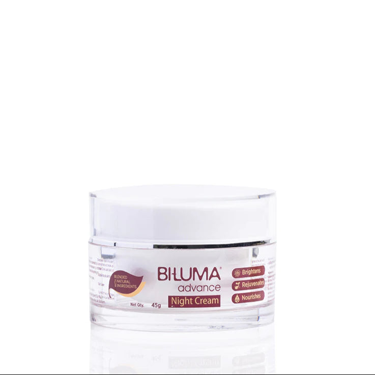 Encube Ethicals Biluma Advance Night Cream jar with white lid and label, displayed on a neutral background.