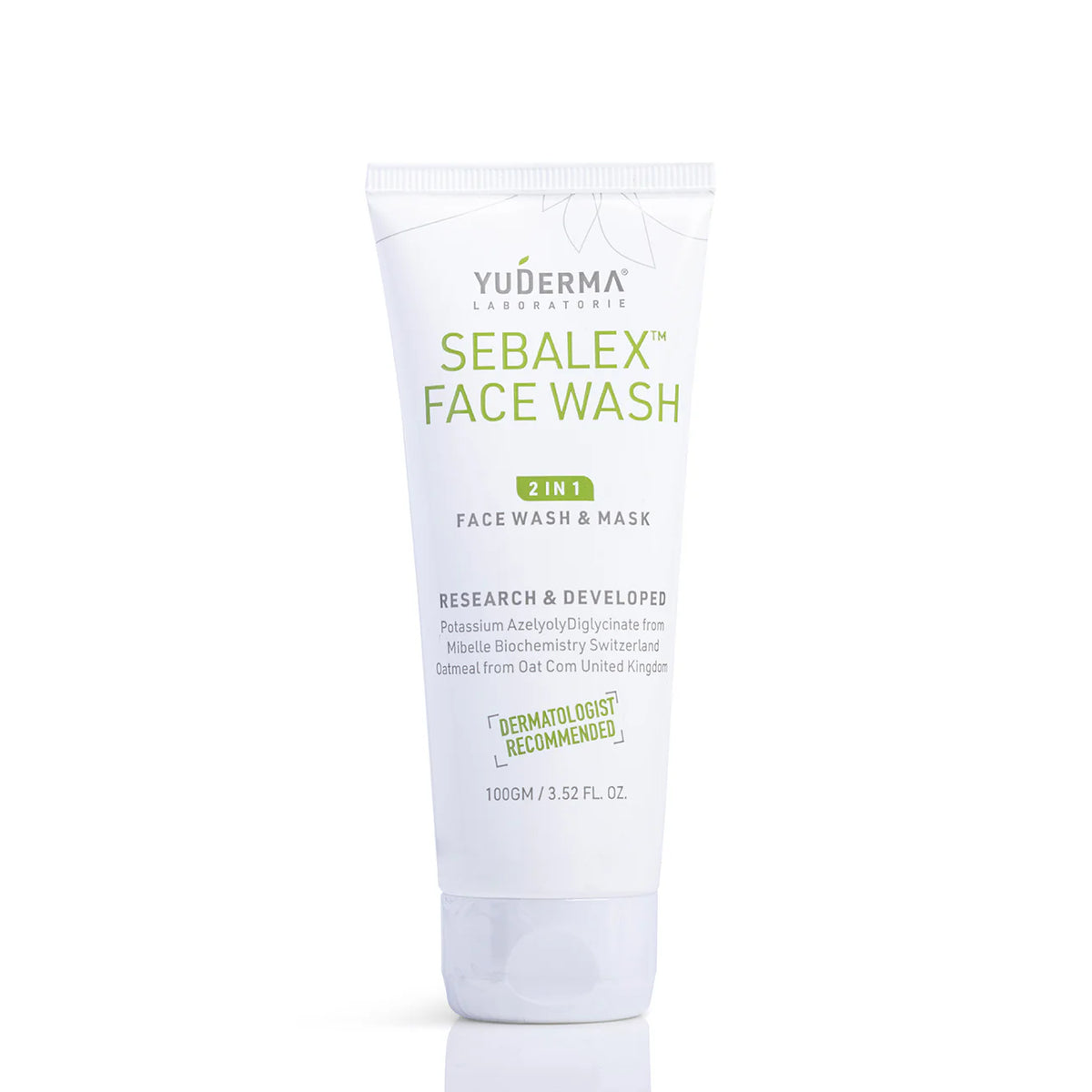 Sebalex Facewash by Yuderma Laboratories Pvt. Ltd., close-up of the facewash tube with blue and white packaging on a clean background