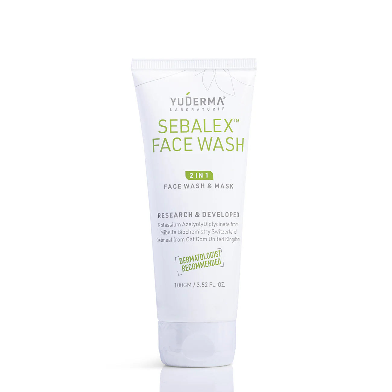 Sebalex Facewash by Yuderma Laboratories Pvt. Ltd., close-up of the facewash tube with blue and white packaging on a clean background